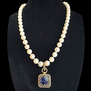 Turkish Sterling Vermeil Cultured Pearl Necklace Sapphire Enhancer Pendant Signe